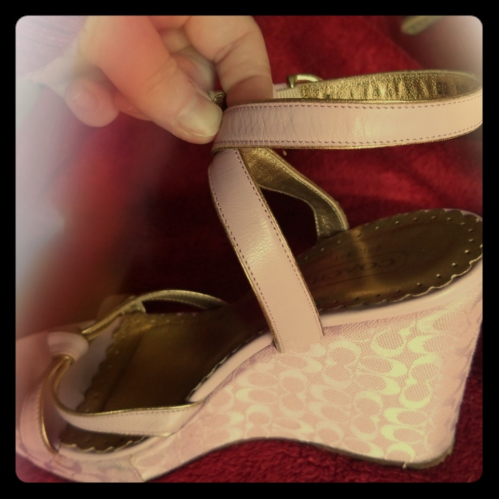 Pink Coach wedge sandals w/ankle wrap straps